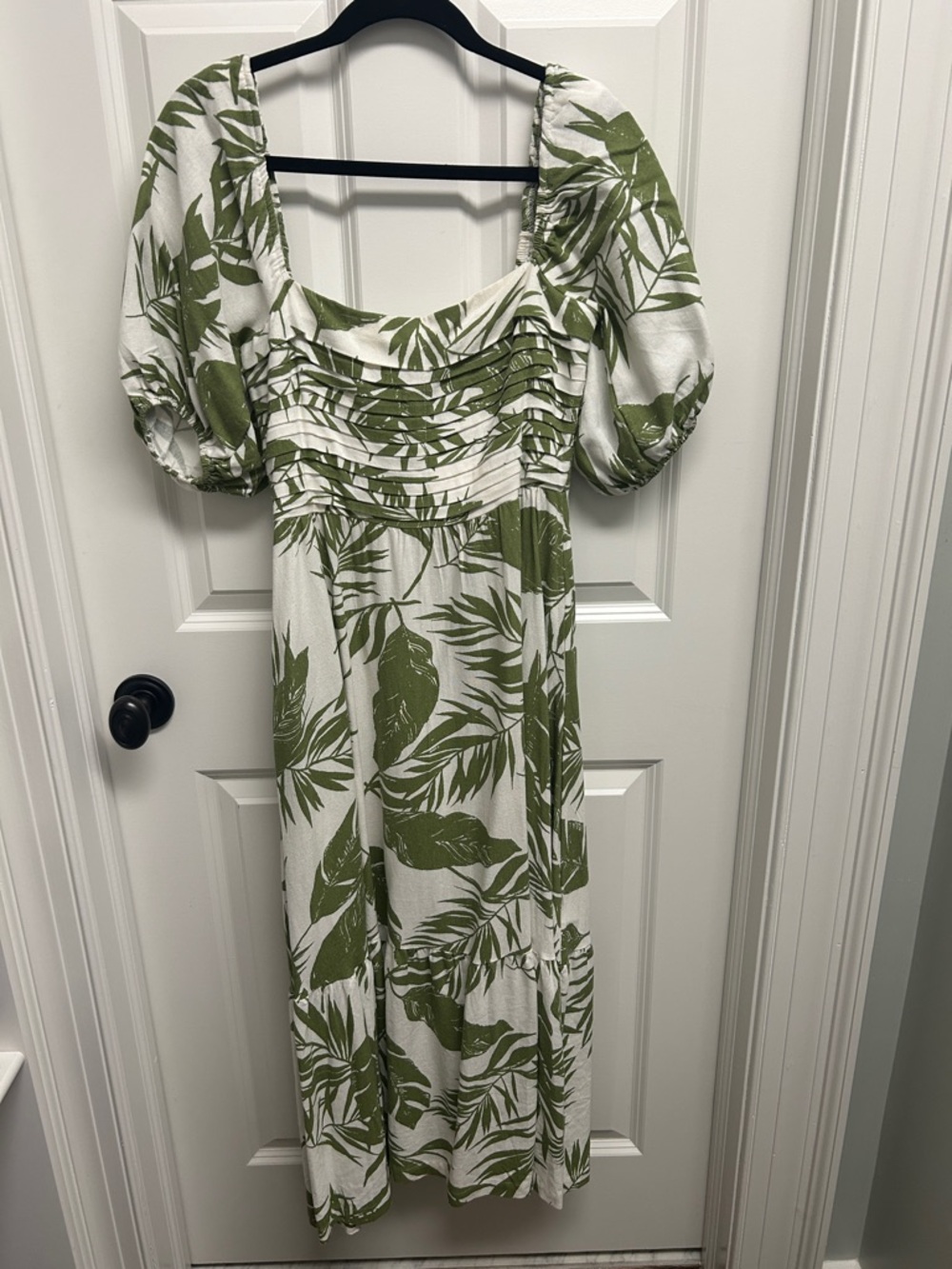 By Together White Midi Dress with Olive Green Leaf Print size small